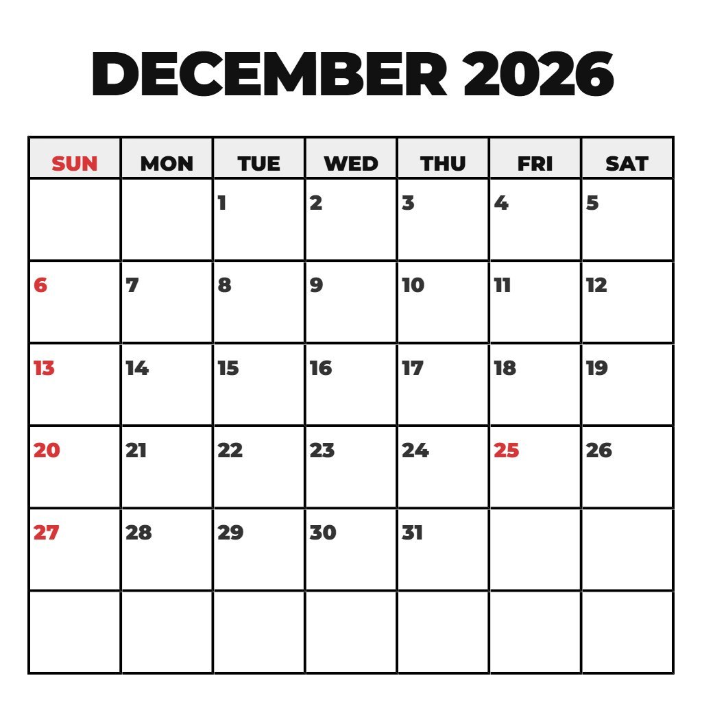 Custom Free Printable Calendar December 2026 Planning PDF Download