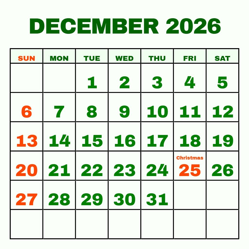 Cute Free Printable Calendar December 2026 Schedule PDF Download