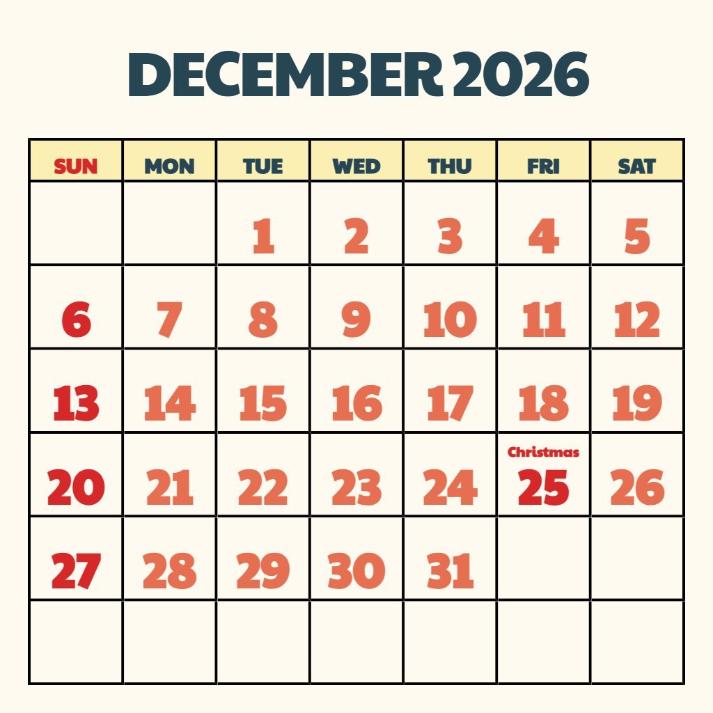 Cute Free Printable Calendar December 2026 Wallpaper PDF Download
