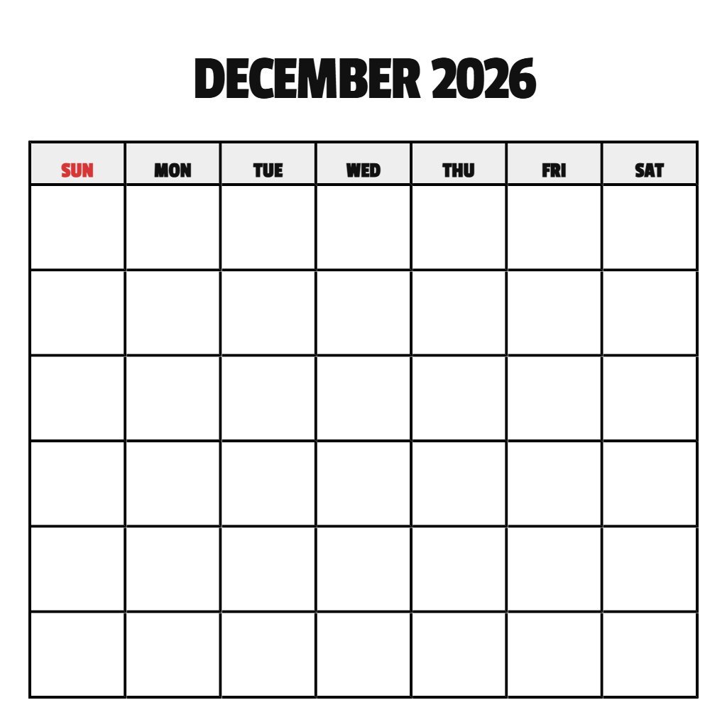 Free Printable Calendar December 2026 Blank PDF Download