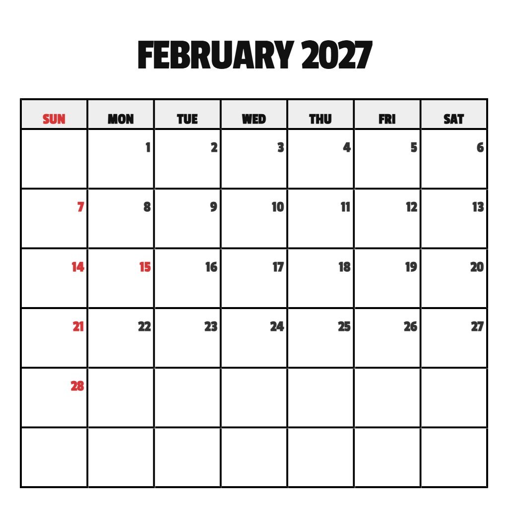 Editable Free Printable Calendar February 2027 Planning PDF Download