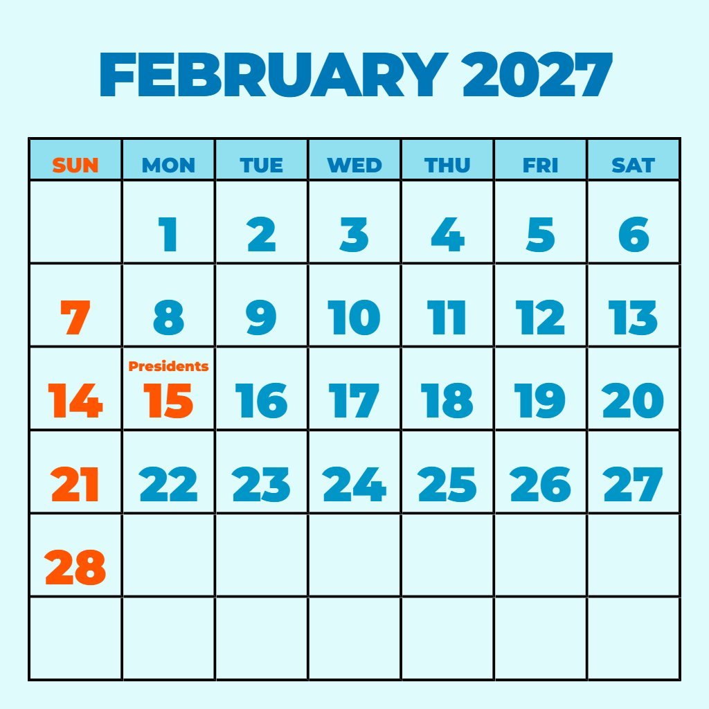 Custom Free Printable Calendar February 2027 Planning PDF Download