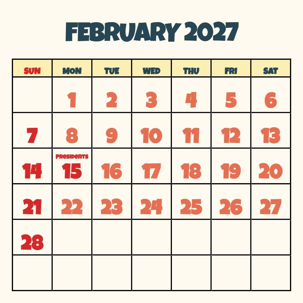 Cute Free Printable Calendar February 2027 Planning PDF Download