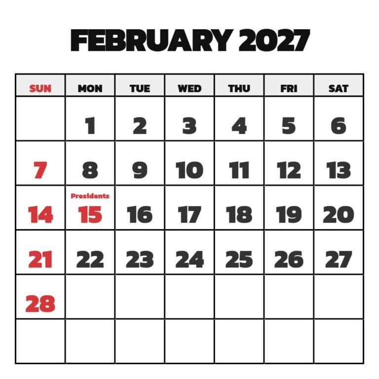Free Printable Calendar February 2027 PDF Download