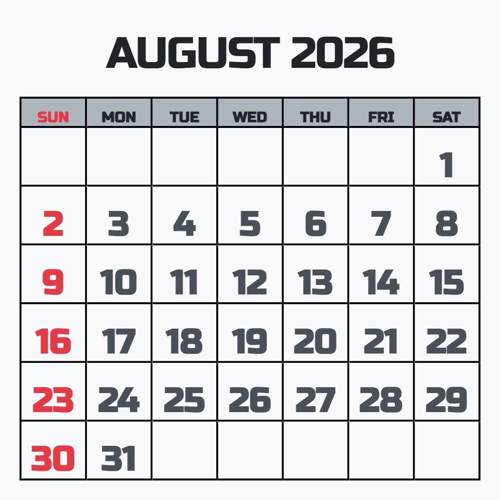 Custom Free Printable Calendar For August 2026 Schedule PDF Download Custom Free Printable Calendar For August 2026 Schedule PDF Download