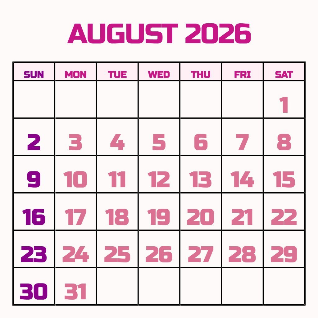 Free Free Printable Calendar For August 2026 Notes PDF Download Free Free Printable Calendar For August 2026 Notes PDF Download