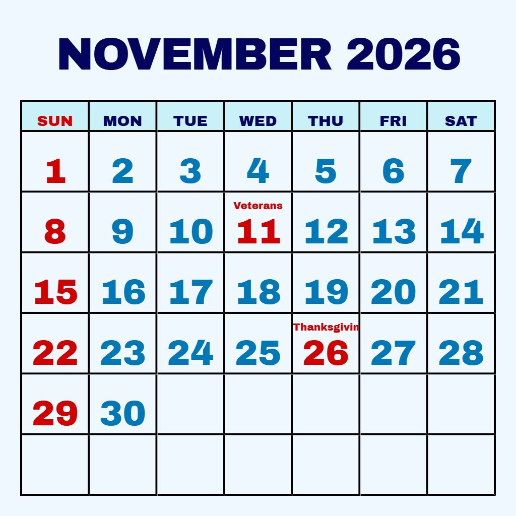 Free Free Printable Calendar For November 2026 Schedule PDF Download