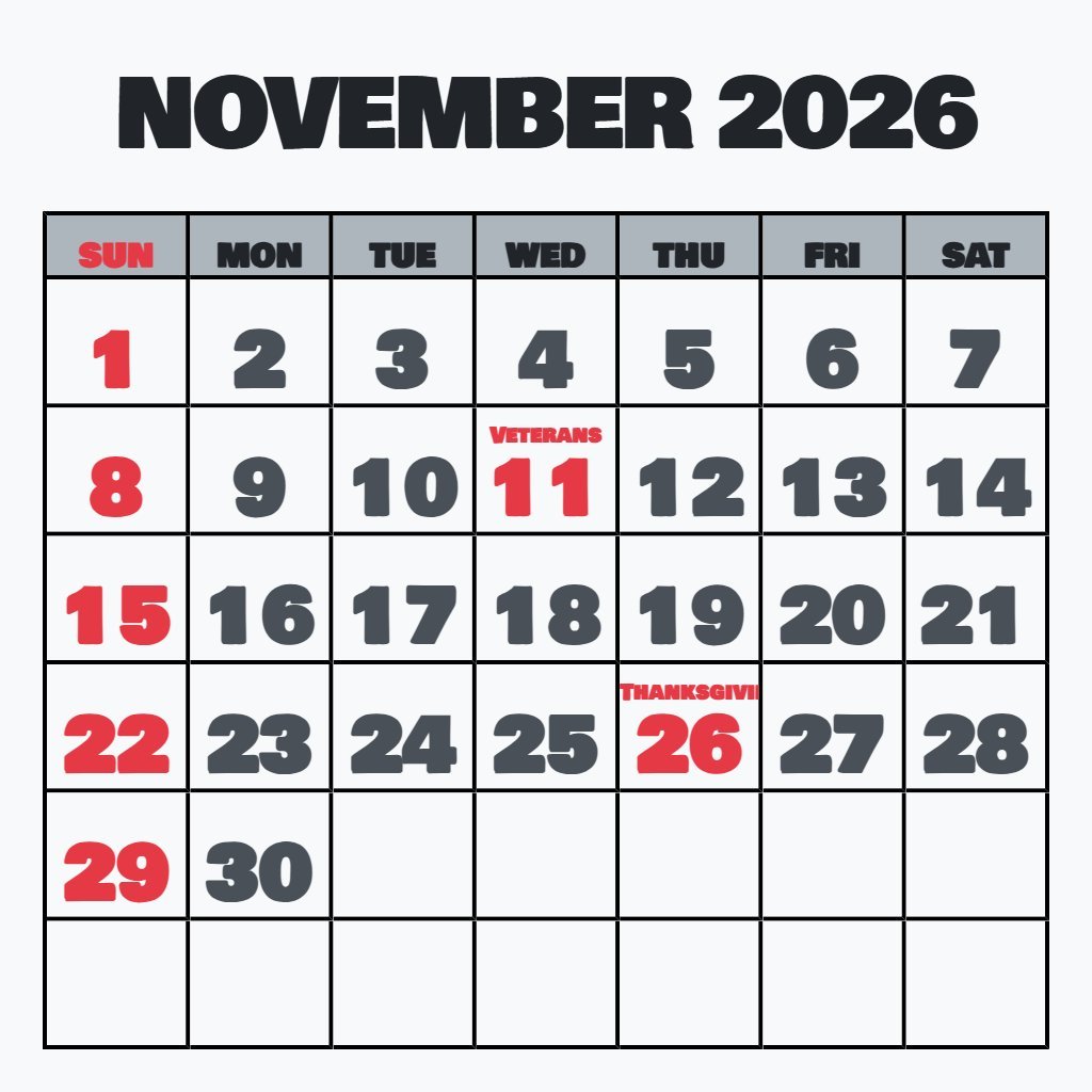 Custom Free Printable Calendar For November 2026 Planning PDF Download