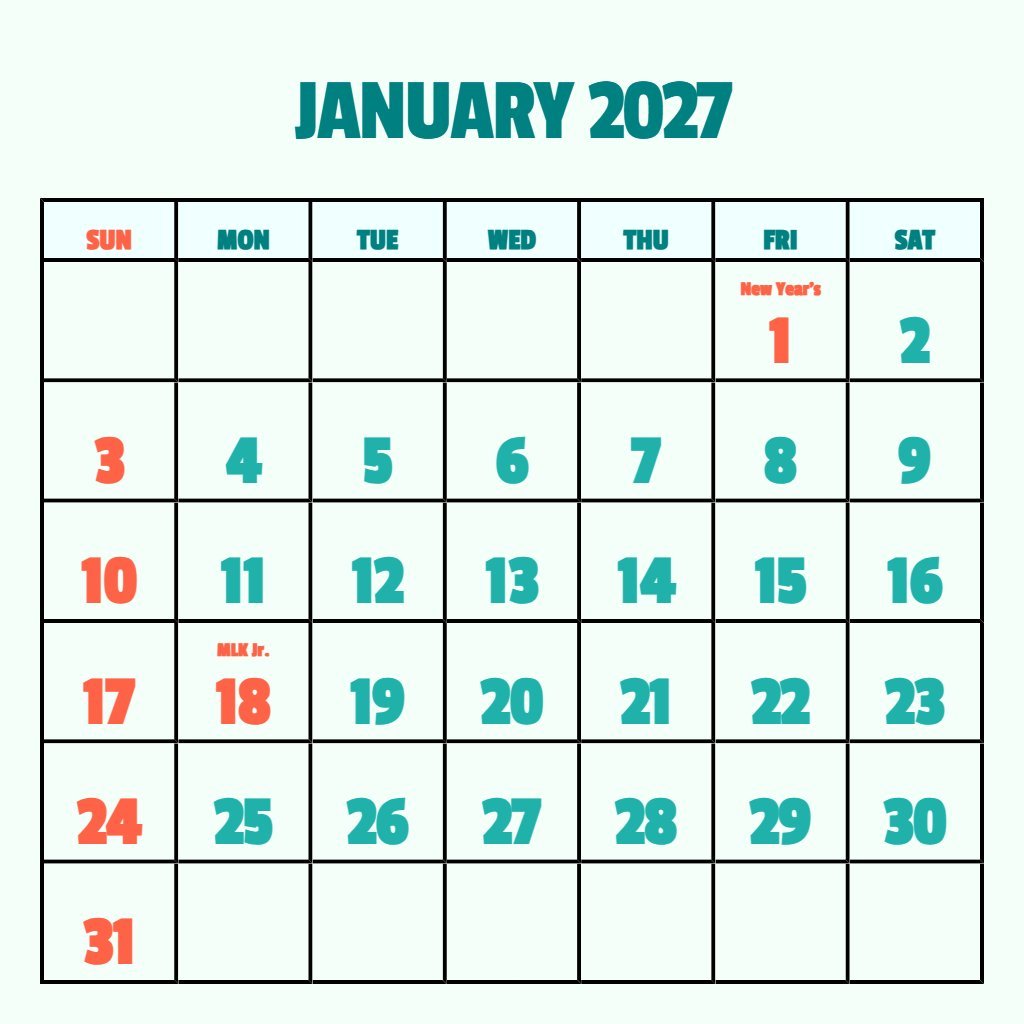 Cute Free Printable Calendar Jan 2027 Wallpaper PDF Download