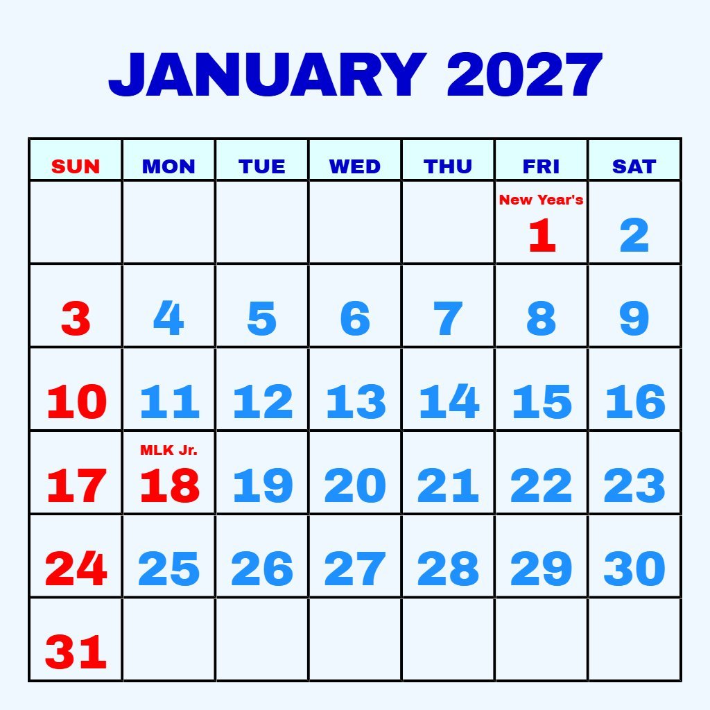 Cute Free Printable Calendar Jan 2027 Notes PDF Download
