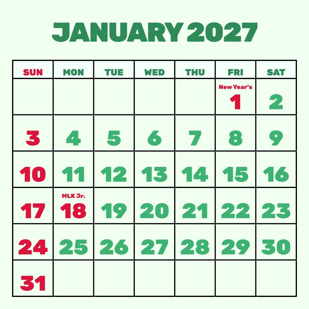 Custom Free Printable Calendar January 2027 Wallpaper PDF Download