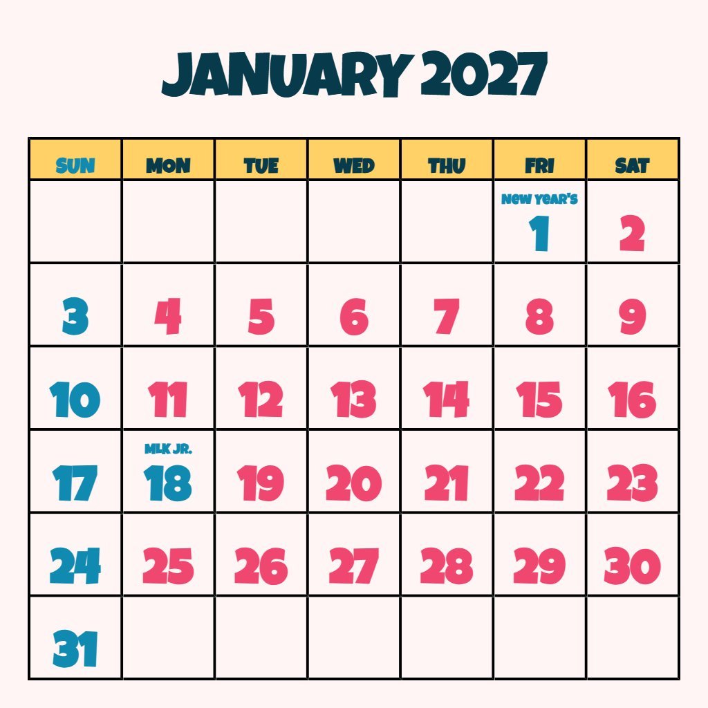 Free Free Printable Calendar January 2027 Notes PDF Download
