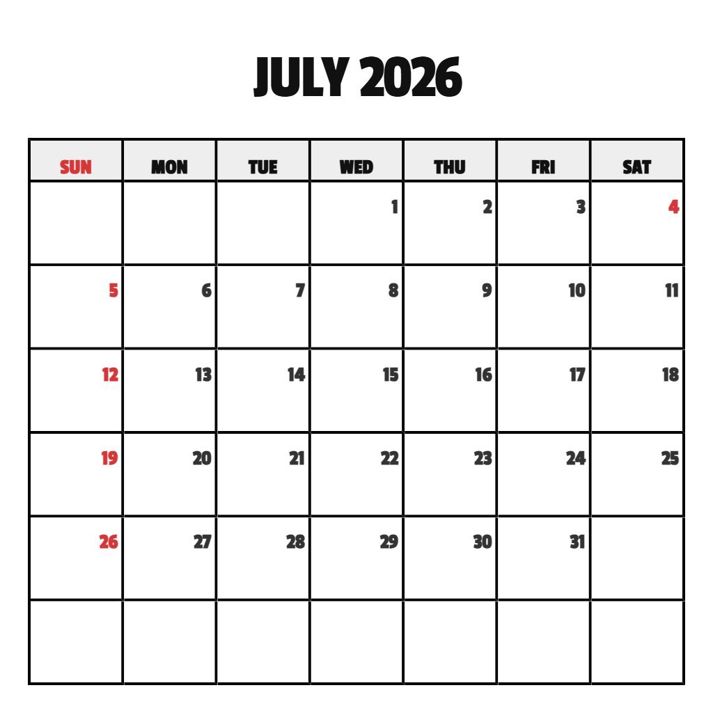Custom Free Printable Calendar July 2026 Notes PDF Download