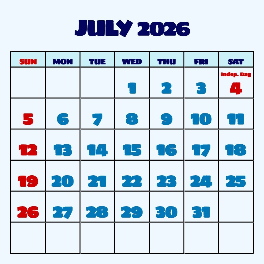 Cute Free Printable Calendar July 2026 Wallpaper PDF Download