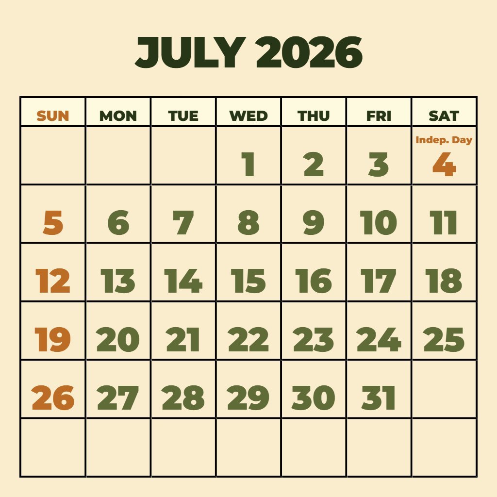 Editable Free Printable Calendar July 2026 Wallpaper PDF Download