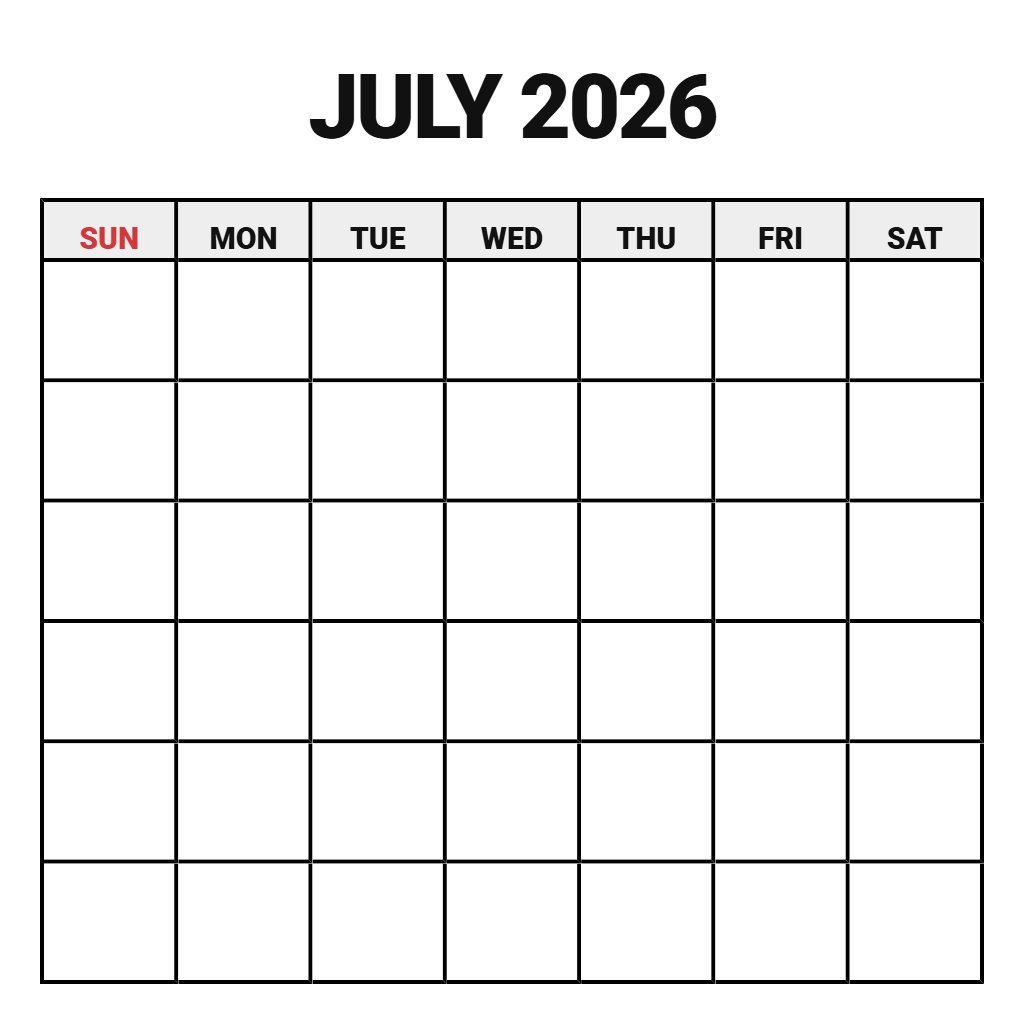 Free Printable Calendar July 2026 Blank PDF Download