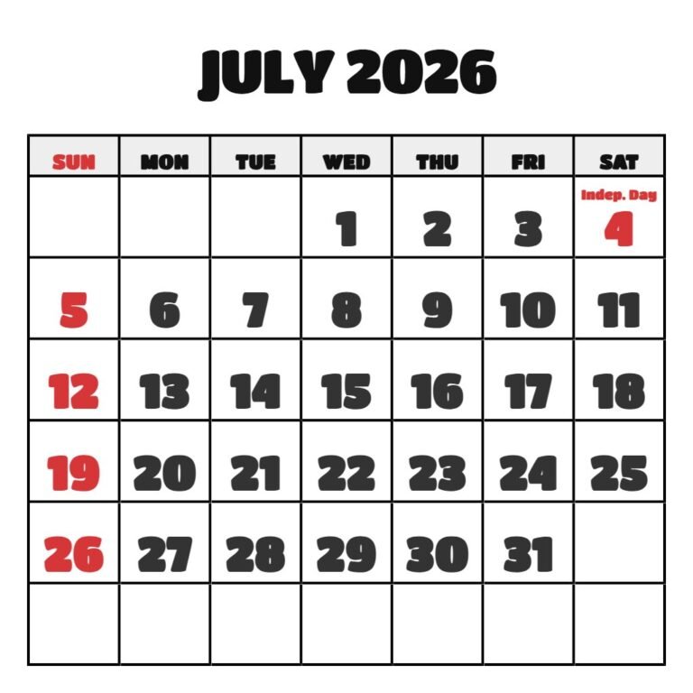 Free Printable Calendar July 2026 June 2026 PDF Download