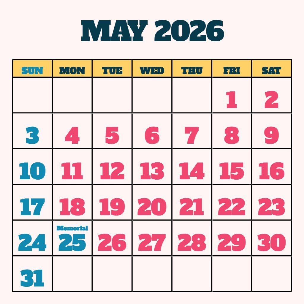 Cute Free Printable Calendar May 2026 Schedule PDF Download