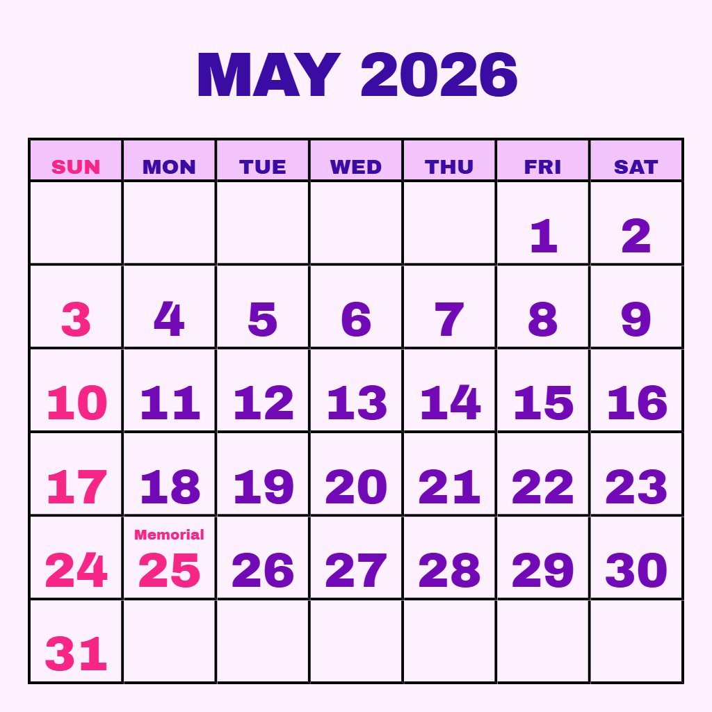 Editable Free Printable Calendar May 2026 Schedule PDF Download