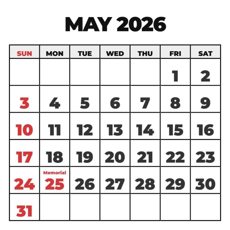 Free Printable Calendar May 2026 PDF Download
