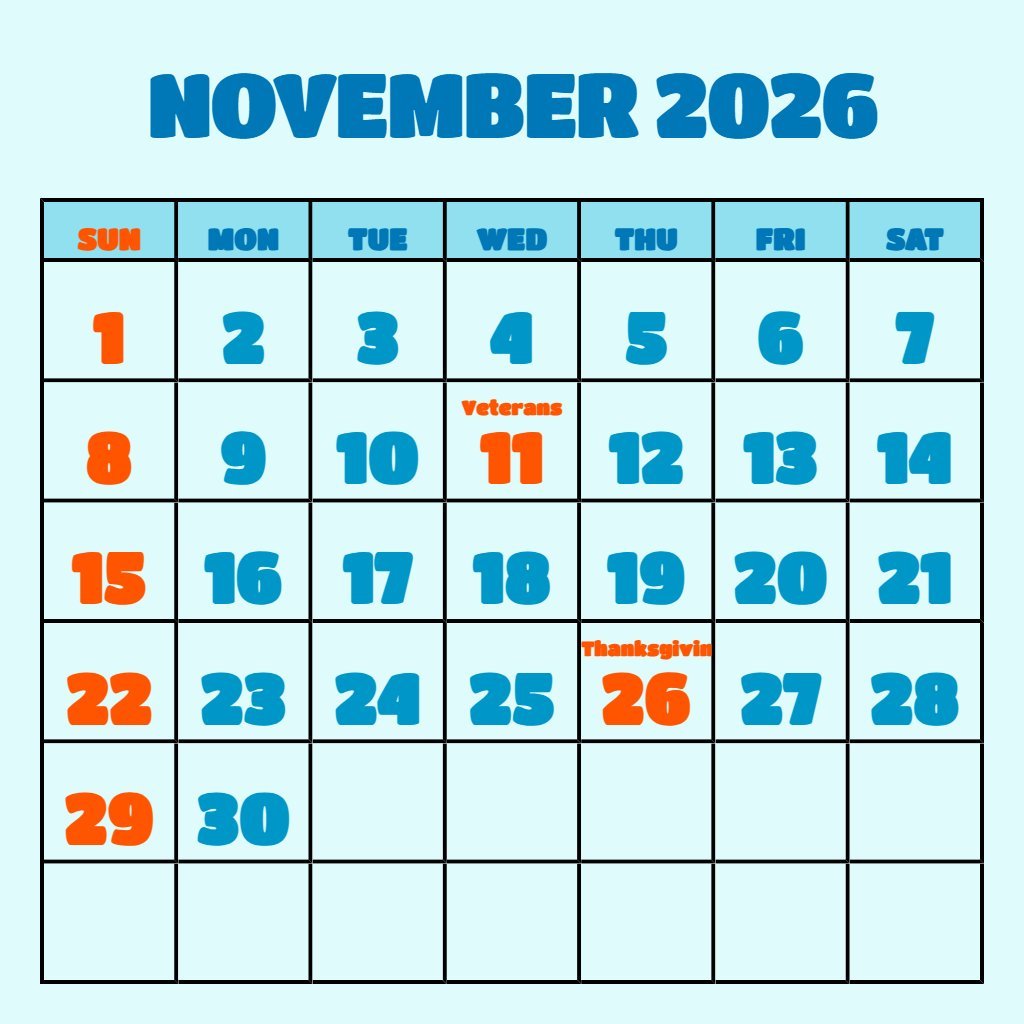 Cute Free Printable Calendar November 2026 Wallpaper PDF Download