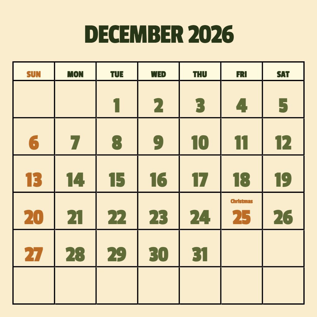 Free Free Printable December 2026 Calendar Wallpaper PDF Download