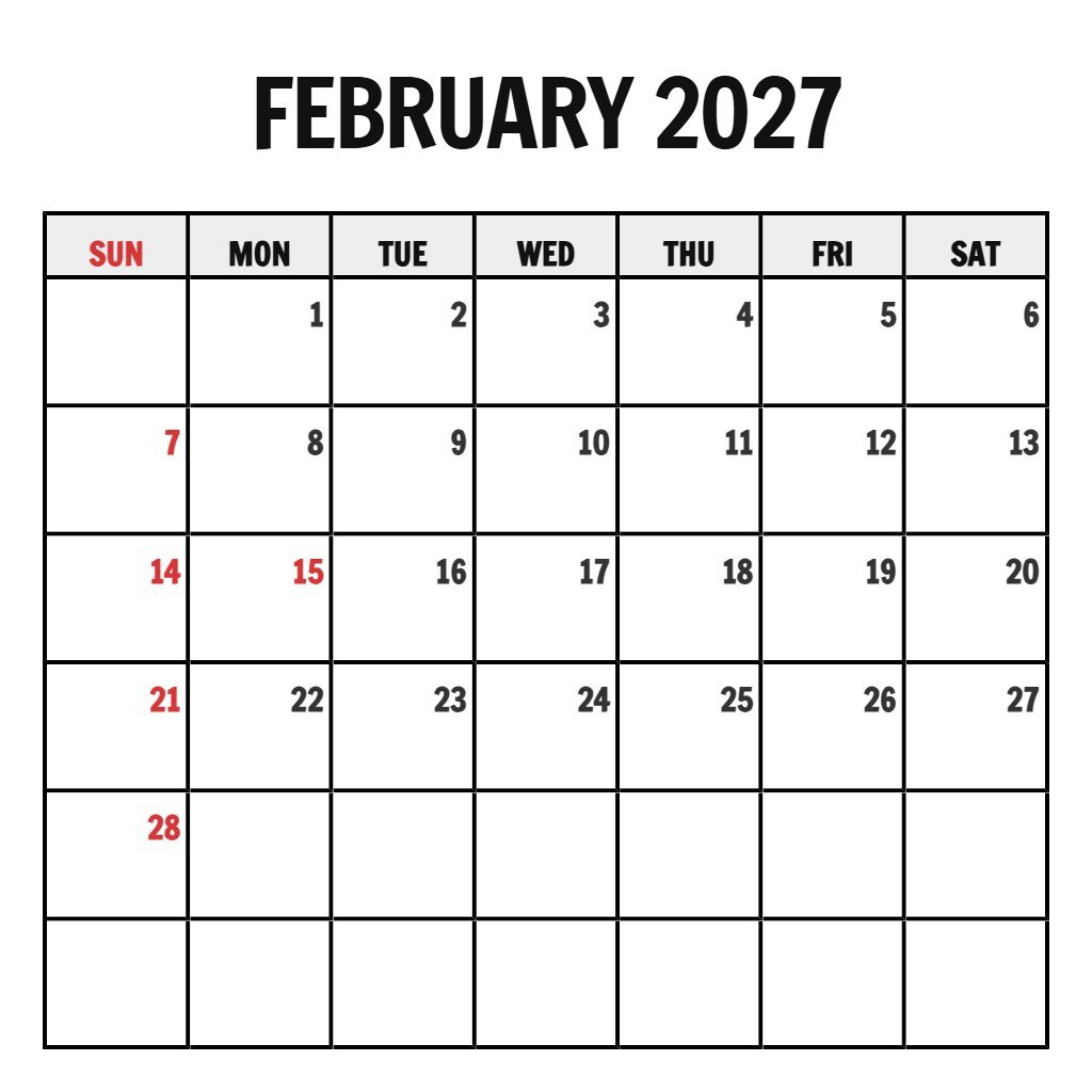 Custom Free Printable Feb 2027 Calendar Schedule PDF Download