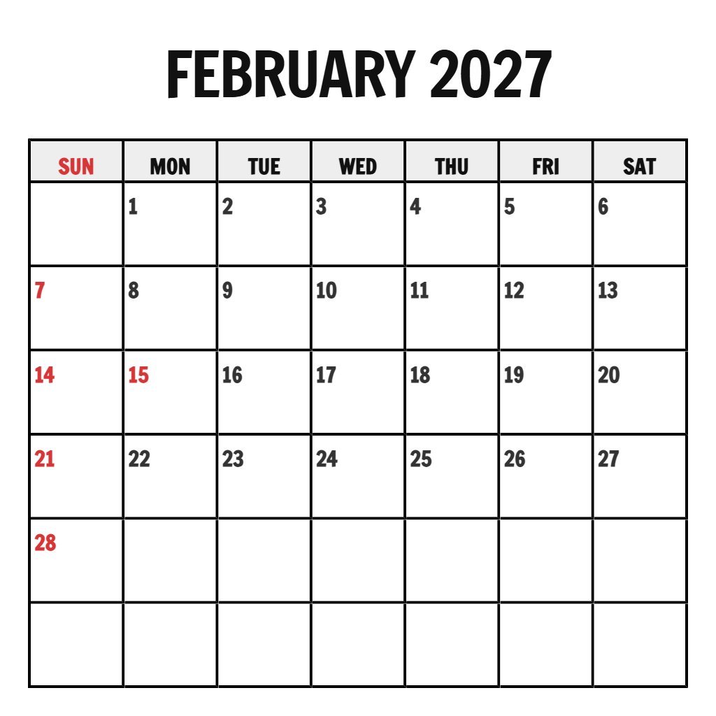 Custom Free Printable Feb 2027 Calendar Schedule PDF Download