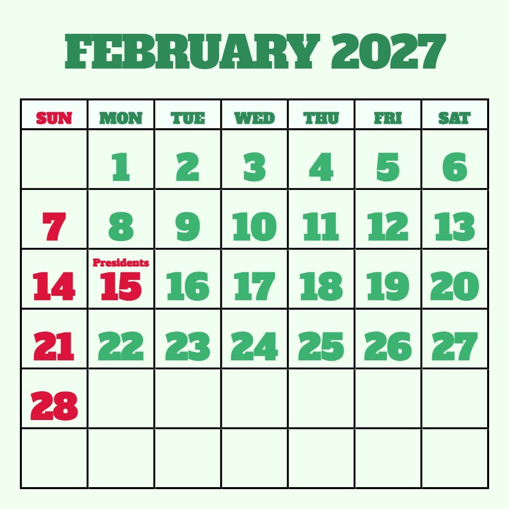 Custom Free Printable Feb 2027 Calendar Schedule PDF Download