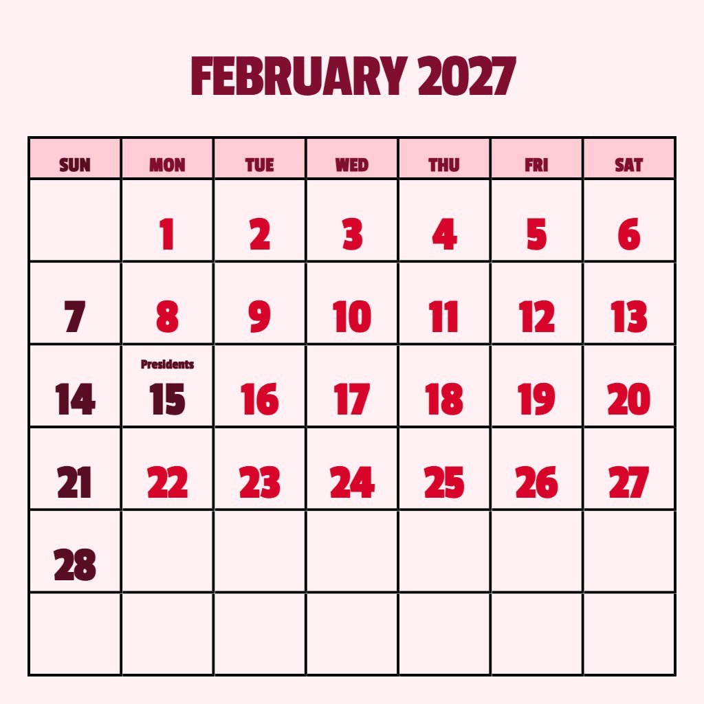 Custom Free Printable Feb 2027 Calendar Planning PDF Download