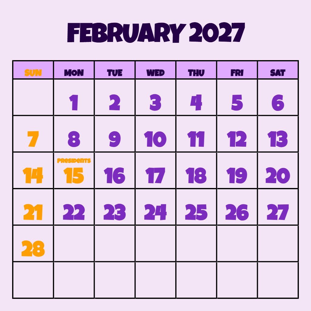 Custom Free Printable February 2027 Calendar Schedule PDF Download