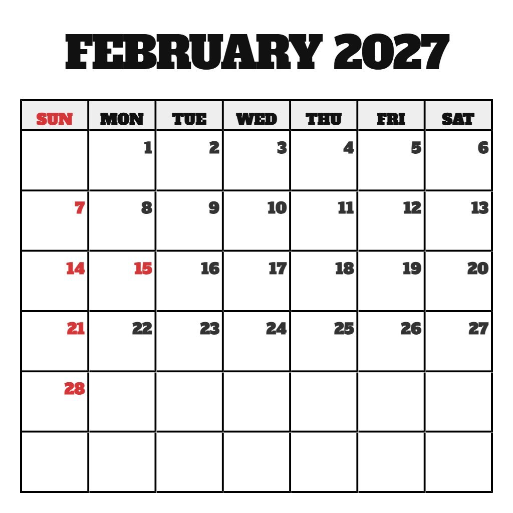 Cute Free Printable February Calendar 2027 Schedule PDF Download