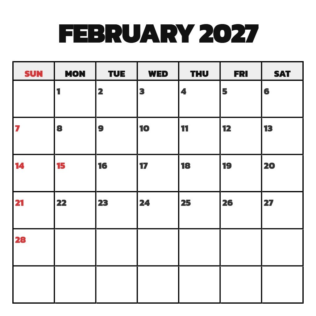 Editable Free Printable February Calendar 2027 Schedule PDF Download