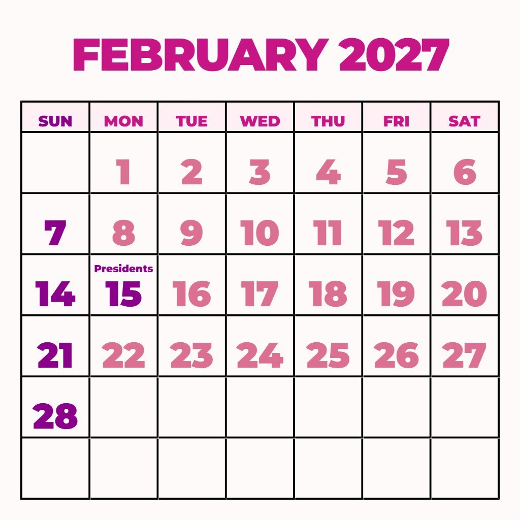 Editable Free Printable February Calendar 2027 Schedule PDF Download