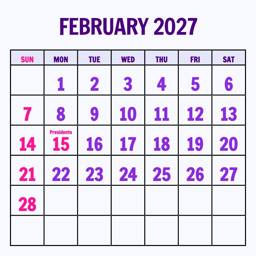 Editable Free Printable February Calendar 2027 Wallpaper PDF Download