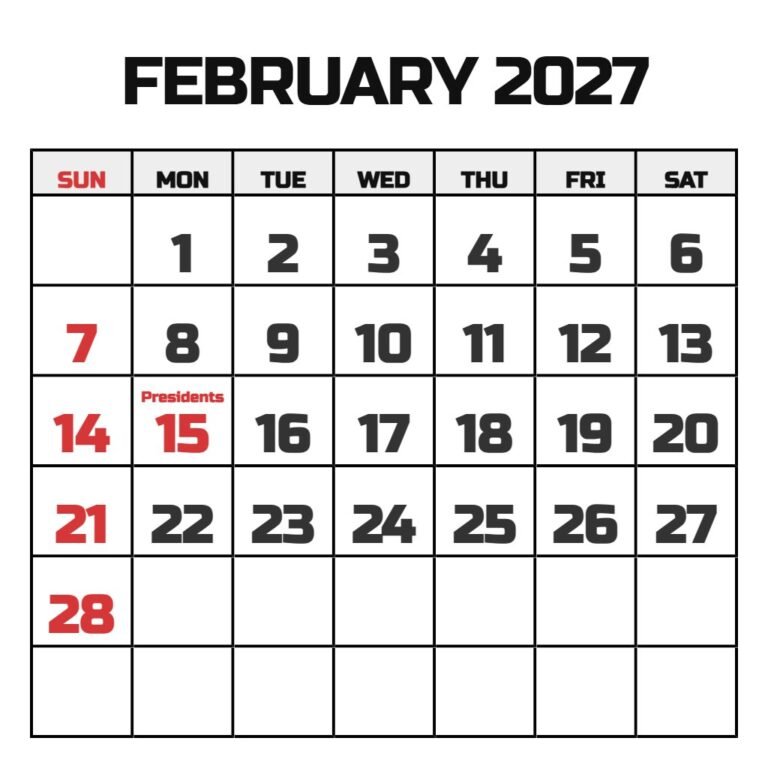 Free Printable February Calendar 2027 PDF Download