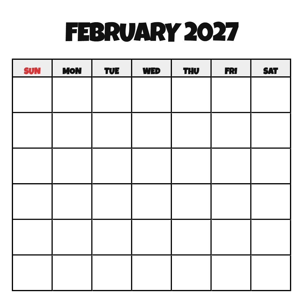 Free Printable February Calendar 2027 Blank PDF Download