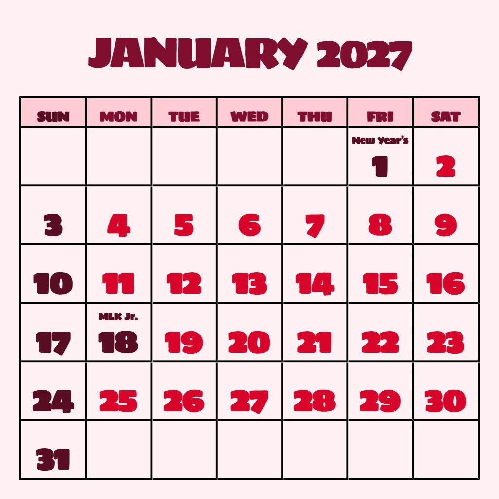 Cute Free Printable Jan 2027 Calendar Wallpaper PDF Download
