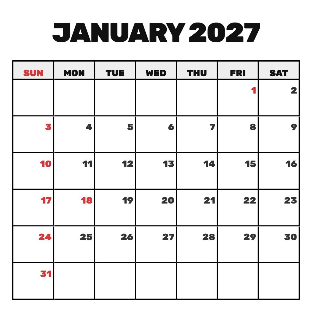 Custom Free Printable January 2027 Calendar Wallpaper PDF Download