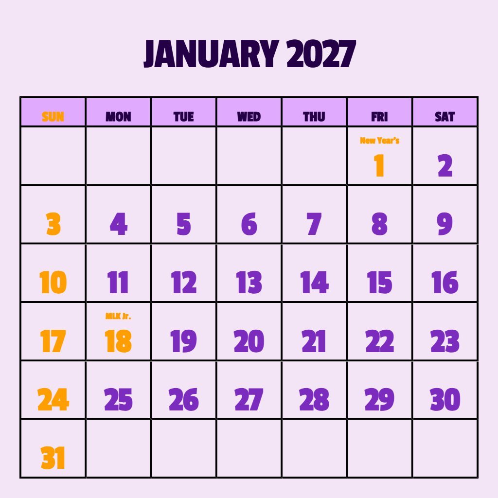 Editable Free Printable January 2027 Calendar Planning PDF Download