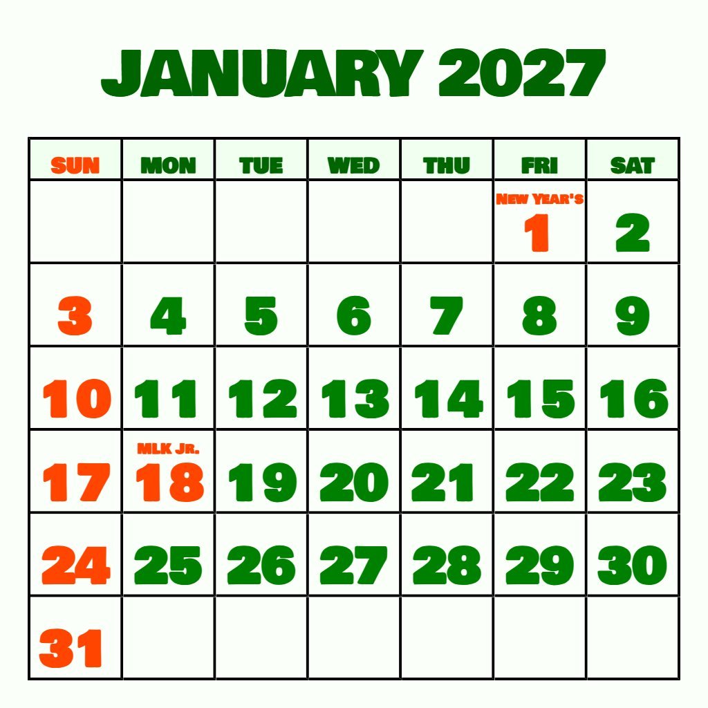 Free Free Printable January 2027 Calendar Schedule PDF Download