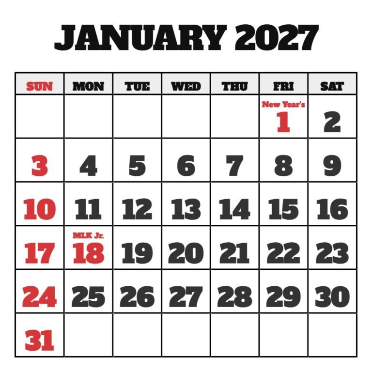 Free Printable January 2027 Calendar PDF Download