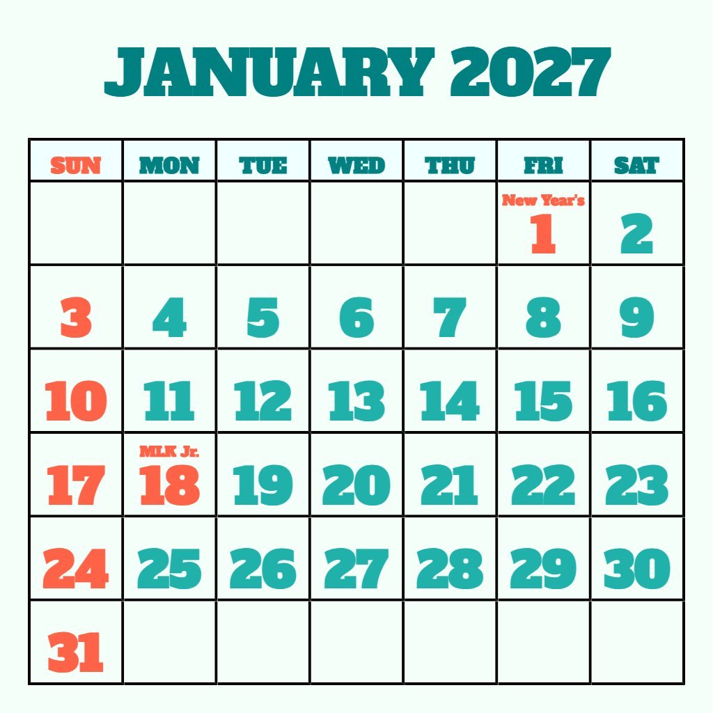 Free Free Printable January 2027 Calendar With Holidays Notes PDF Download