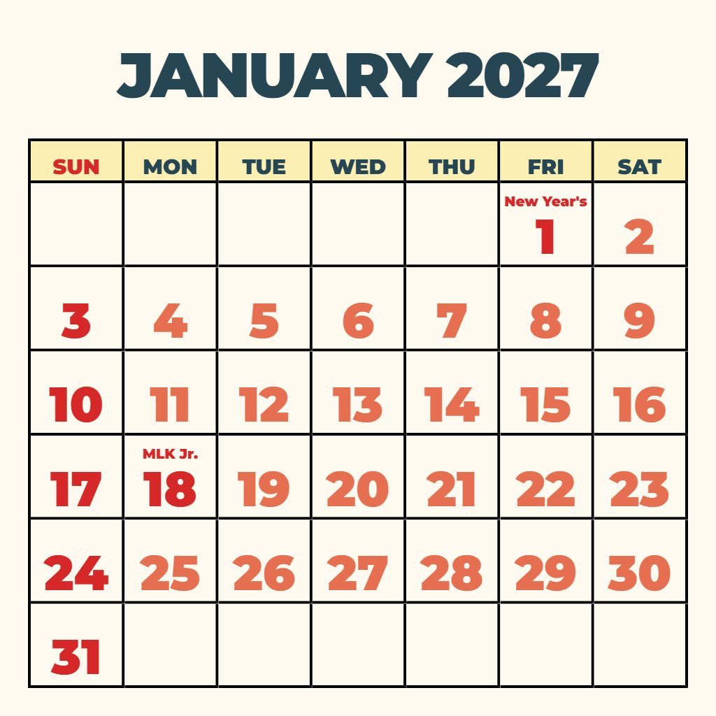 Editable Free Printable January 2027 Calendar With Holidays Schedule PDF Download