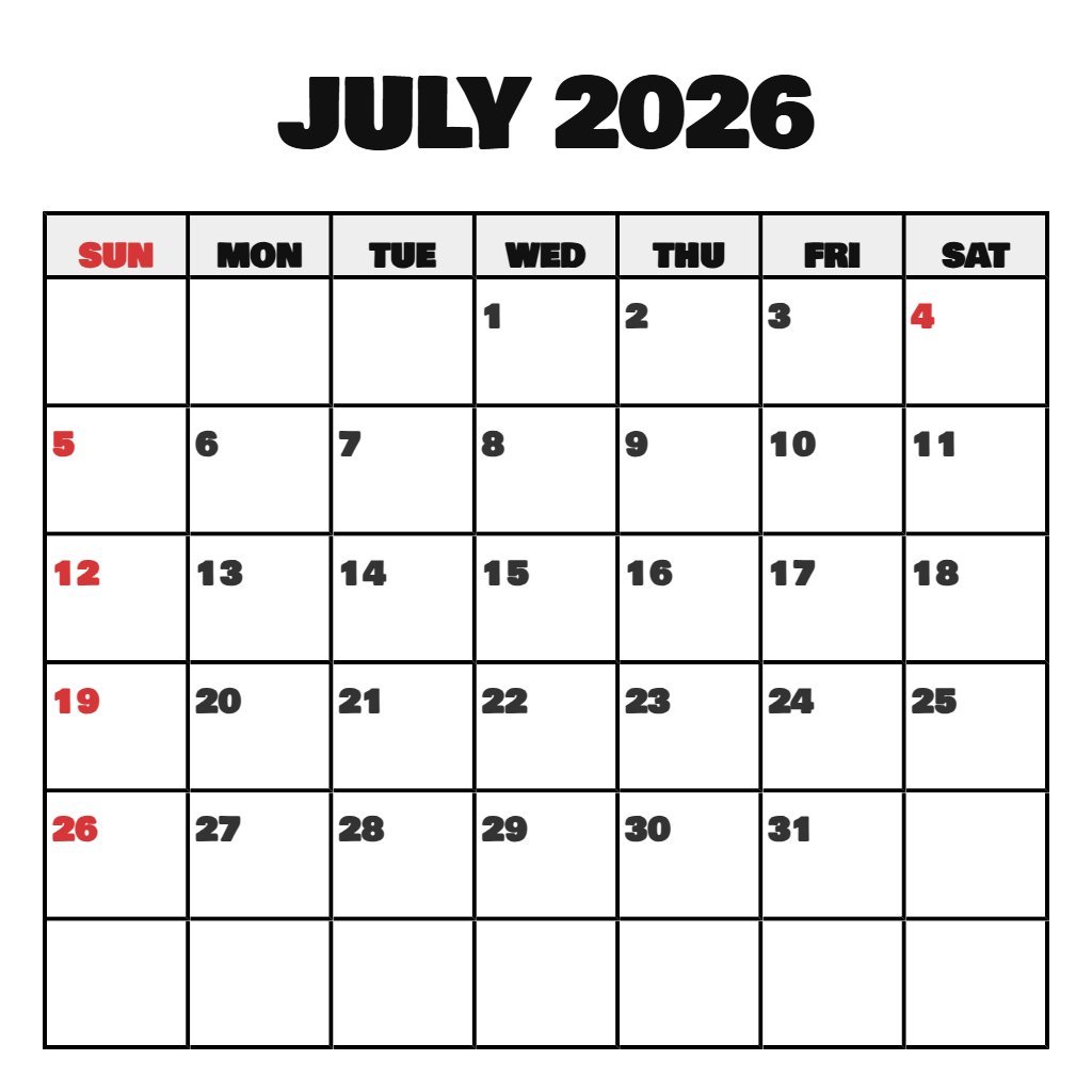 Editable Free Printable July 2026 Calendar Schedule PDF Download Editable Free Printable July 2026 Calendar Schedule PDF Download