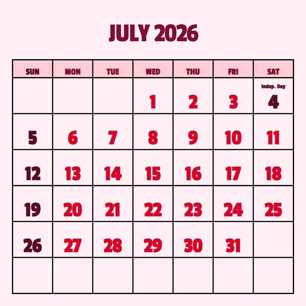 Editable Free Printable July 2026 Calendar Schedule PDF Download Editable Free Printable July 2026 Calendar Schedule PDF Download