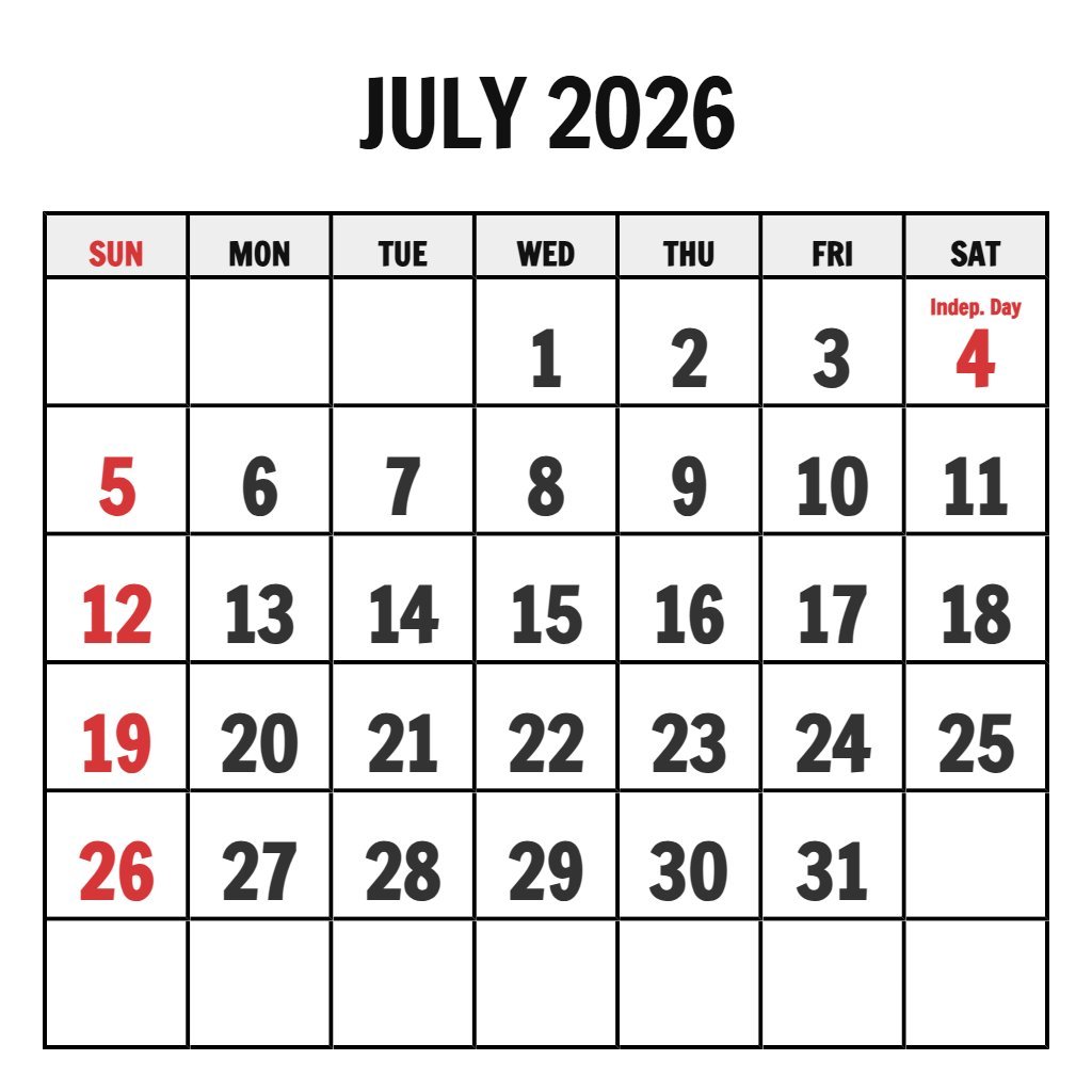 Free Printable July 2026 Calendar Free Printable July 2026 Calendar PDF Download