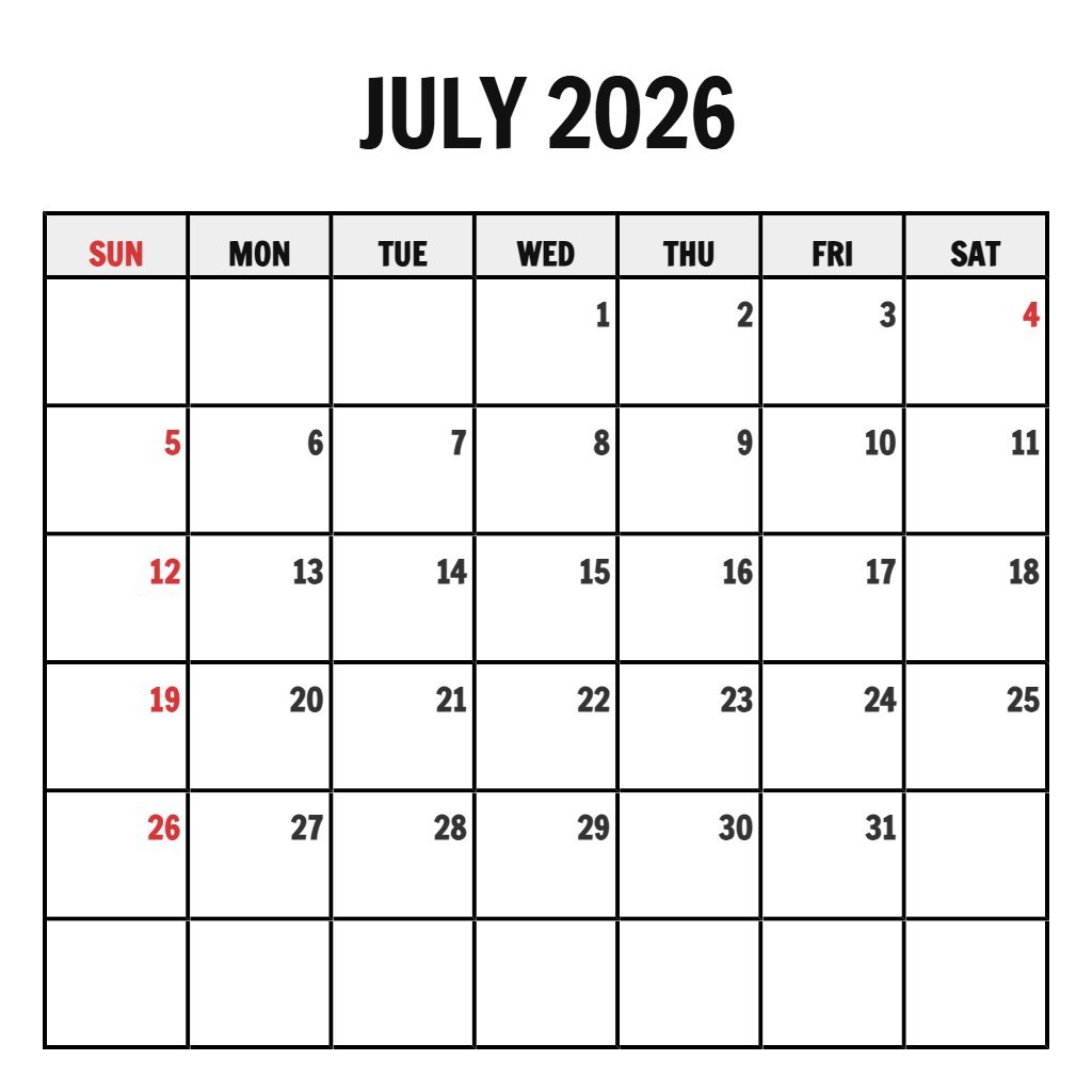 Cute Free Printable July Calendar 2026 Wallpaper PDF Download