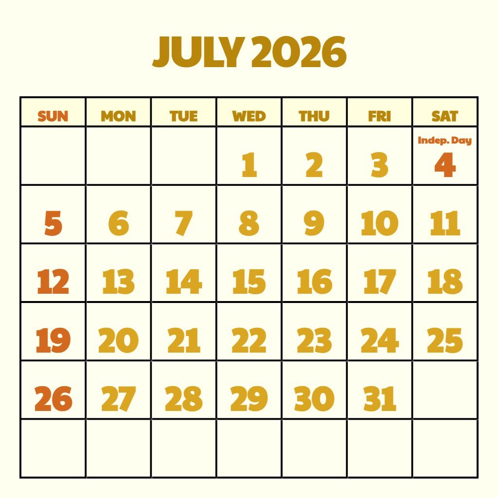 Free Free Printable July Calendar 2026 Schedule PDF Download