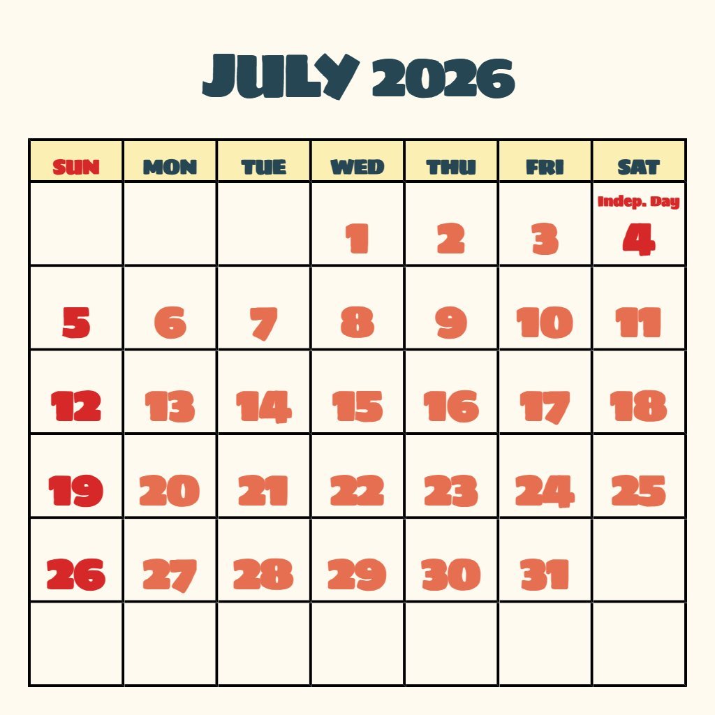 Custom Free Printable July Calendar 2026 Notes PDF Download